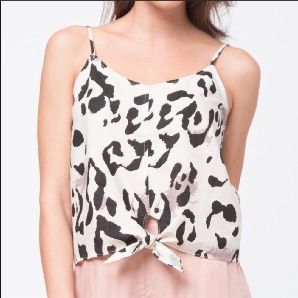 Mo:vint linen front knot Leopard tank top